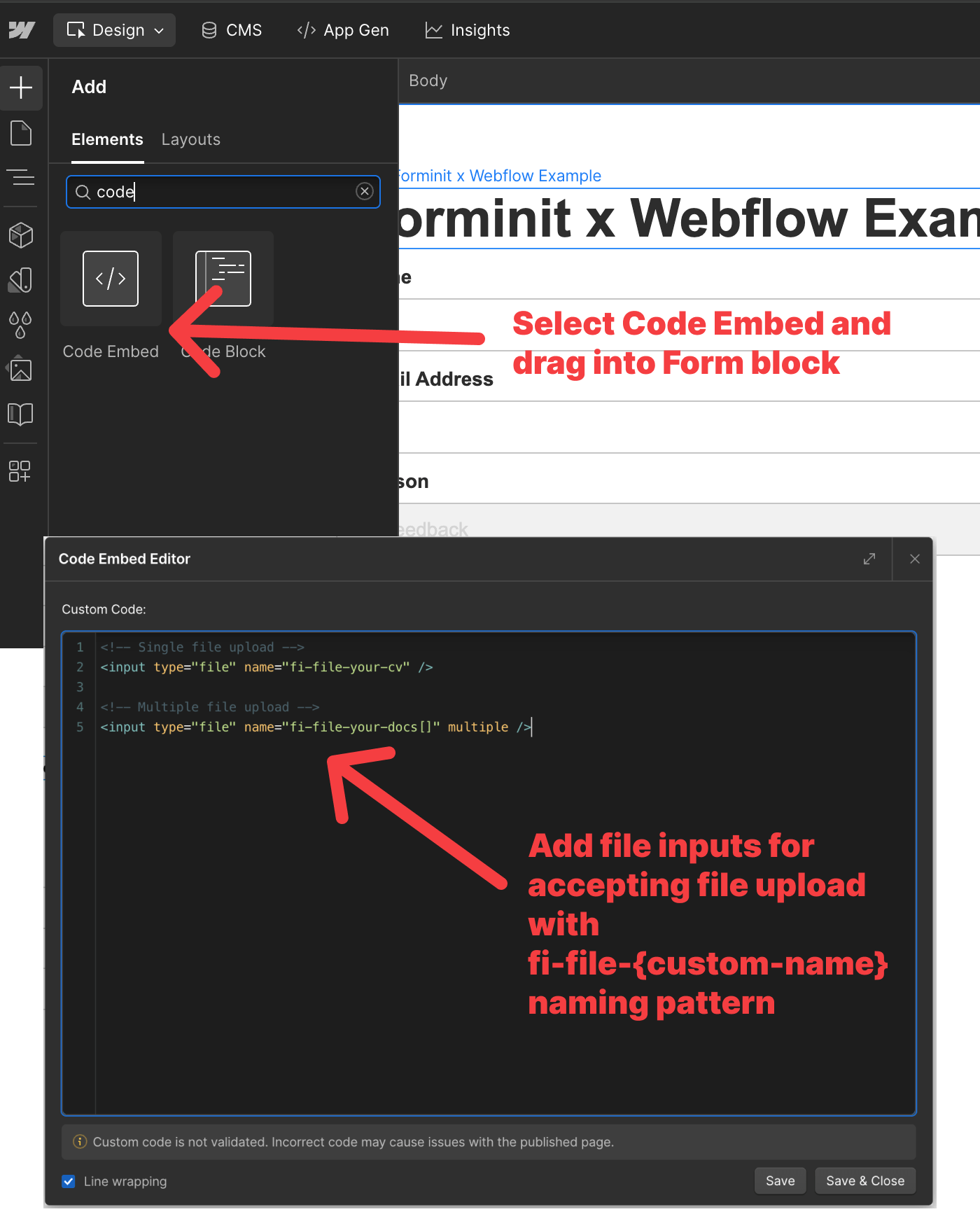 Add file upload via code embed